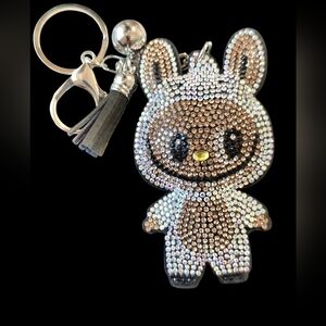 White Labubu Rhinestone Handbag Charm - Keychain